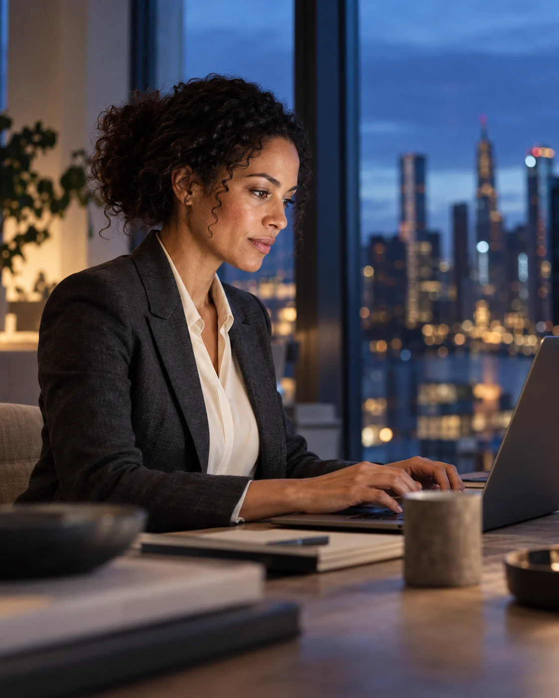Illustrative editorial portrait of an independent professional working in a city studio at dusk